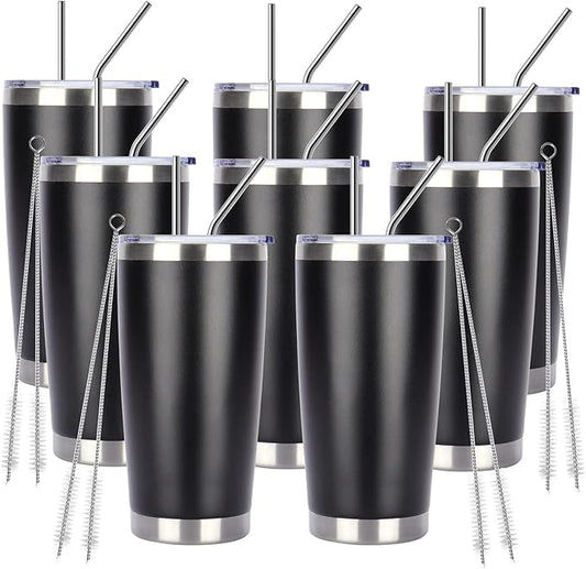 Pandance 20oz Stainless Steel Insulated Tumblers with Lid and Straw Bulk, Double Wall Vacuum Water Cups for Hot & Iced Coffee Drinks Travel Mug (Black, 8 pack)