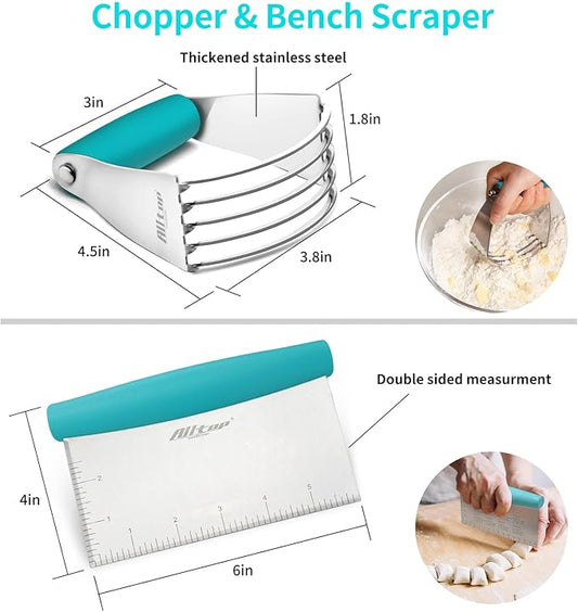 ALLTOP Pastry Blender & Bench Scraper - Premium Kitchen Baking Essential Gadget Set for Cake and Bread Making - Stainless Steel Dough Scraper&Butter Cutter for Homemade Delights - Turquoise