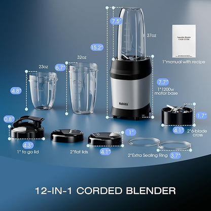 Nahida Blender for Smoothies, 1200W Smoothie Blender for Ice Crushing, Blenders with (2) 6-Fin Blades, Personal Blenders for Kitchen with 23oz, 32oz, 37oz Easy Go Cups for Juices, Silver