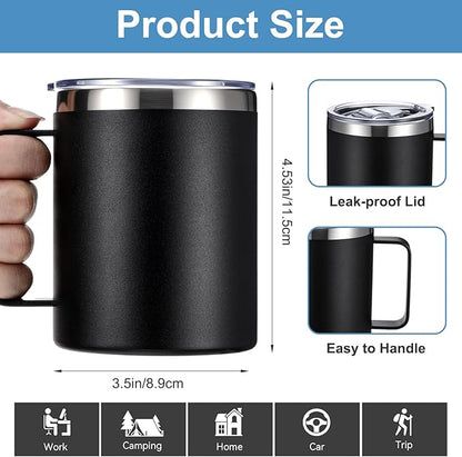 12 oz Insulated Coffee Mug Bulk with Handle, Stainless Steel Travel Coffee Mug with Lid, Double Wall Vacuum Metal Coffee Cup, Coffee Tumbler Powder Coated, Black 4 Pack