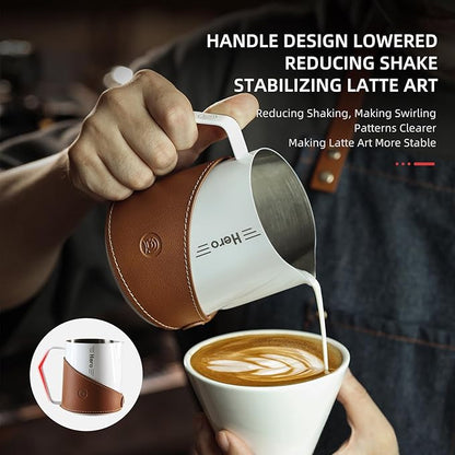 Milk Frothing Pitcher 450ml/16oz 304 Stainless Steel Espresso Steaming Pitcher with PU Leather, Milk Frothing Jug,milk frother cup,Milk Jug Cup,Premium Barista Tools,Latte Art (WHITE,20oz)