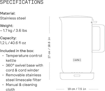aarke Stainless Steel Kettle - Perfect for Coffee and Tea Maker Enthusiasts, Non-Drip Spout, Double-Wall Construction, Dry Boil Protection, Heat-Safe Handle, LED Cool-Down Indicator, 1.2L (Steel)