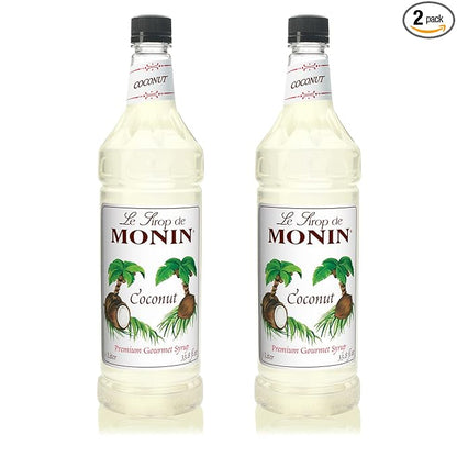 Monin - Coconut Syrup, Creamy Tropical Flavored Syrup, Coffee Syrup, Natural Flavor Drink Mix, Simple Syrup for Coffee, Lemonade, Cocktails, & More, Gluten-Free, Non-GMO, Clean Label (1 Liter, 2-Pack)
