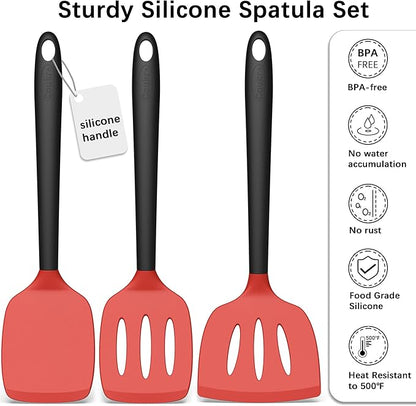 Coukre Silicone Spatula Set of 3, High Heat Resistant, BPA-Free, Kitchen Utensils, Fish Spatula, Solid & Slotted Turner for Non-Stick Pans, Flipping Eggs, Pancakes, Fish, Burgers (3, Red)