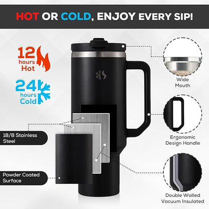 40 oz Tumbler with Handle and Straw, Dual feature Lid, Vacuum Insulated for Hot & Cold, Stainless Steel, includes Silicone Boot & Cleaning Brush
