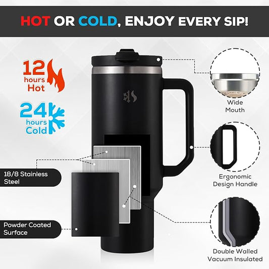 40 oz Tumbler with Handle and Straw, Dual feature Lid, Vacuum Insulated for Hot & Cold, Stainless Steel, includes Silicone Boot & Cleaning Brush