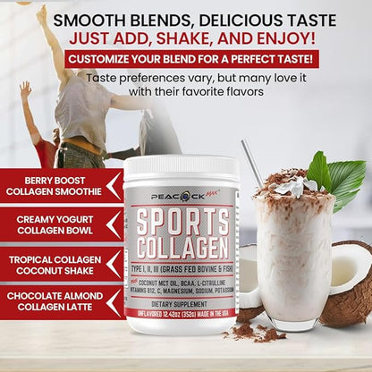 Sports Collagen Powder, 12.42 oz, Pack of 12 - Grass Fed Bovine & Wild Fish Hydrolyzed Type I, II, III Multi Collagen Peptides, Unflavored Protein Powder with Electrolytes