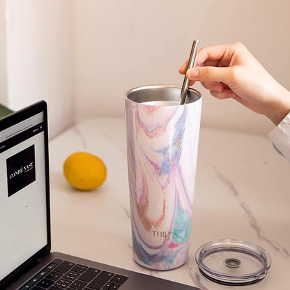 THILY Stainless Steel Vacuum Insulated Tumbler 26 oz Triple-Insulated Travel Mug with Splash-Proof Lid, for Iced Coffee and Hot Beverage, Pink Ripple + Lotus Flower