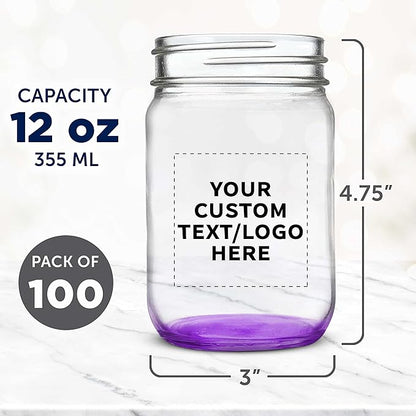 DISCOUNT PROMOS Custom Decorating Mason Jars 12 oz. Set of 100, Personalized Bulk Pack - Glass Jars for Overnight Oats, Candies, Fruits, Pickles, Spices, Beverages - Purple