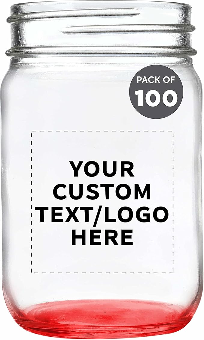 DISCOUNT PROMOS Custom Decorating Mason Jars 12 oz. Set of 100, Personalized Bulk Pack - Glass Jars for Overnight Oats, Candies, Fruits, Pickles, Spices, Beverages - Red