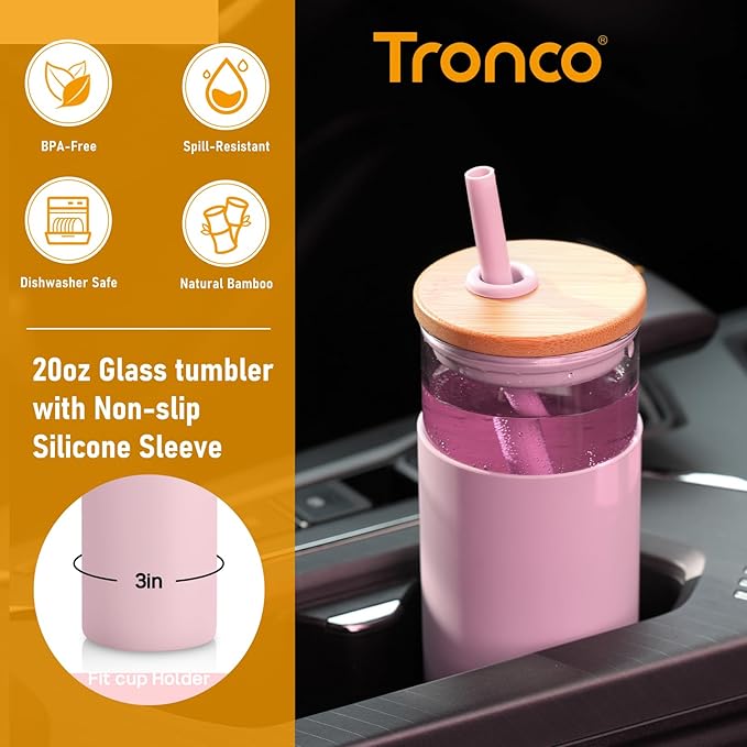 Tronco 20oz Glass Tumbler Glass Water Bottle Straw Silicone Protective Sleeve Bamboo Lid - BPA Free (Dot Pink/ 1 Pack)