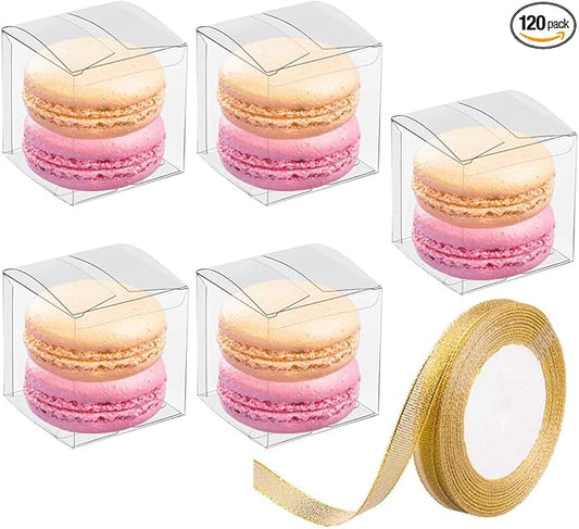 JOERSH 2x2x2 Inches Clear Boxes for Favors with Gift Ribbons, 120 PCS Mini Transparent Cube Wedding Baby Shower Birthday Party Favor Boxes, Small Gifts Display Individual Macaron Box