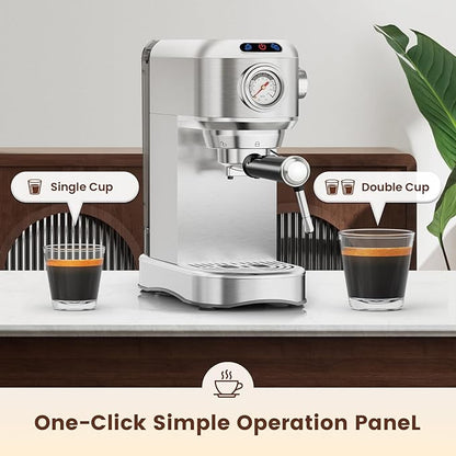 Espresso Machine 20 Bar, Compact Espresso Maker, Stainless Steel Expresso Coffee Machines with Steam Milk Frother & 34oz Removable Water Tank for Home Latte, Cappuccino, Silver