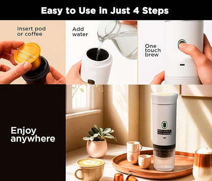 3-in-1 Portable Coffee Maker – Electric Espresso Machine for Travel – Compatible with Ground Coffee, NS & DG Capsules – USB-C Rechargeable Portable Espresso Maker (White)