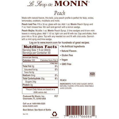 Monin - Peach Syrup, Fresh and Juicy Flavors, Great for Iced Teas, Lemonades, and Sodas, Non-GMO, Gluten-Free (1 Liter, 2-Pack)