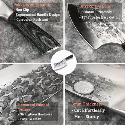BLADESMITH Butcher Knife 8“, Forged Meat Cleaver Kitchen Knives, Curved High Carbon Steel Blade, PakaWood Handle, for Slicing and Cutting