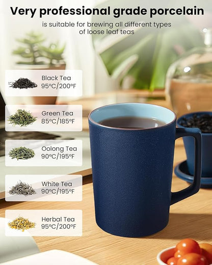 15 OZ Porcelain Tea Infuser Cup with Lid,Ceramic Tea Mug with All-Porcelain Strainers for Loose Leaf Teas,Microwave and Dishwasher Safe Coffee Mug,Metal-Free,BPA-Free,Gifts for Tea-Lover (Blue)