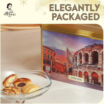 Matilde Vicenzi Verona Gift Tin - Assortment of Italian Pastries and Cookies - Gourmet Gifts For Thanksgiving & Christmas - Assorted Cookies in Italian Design Tin 32oz (907g)