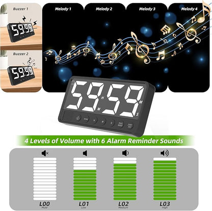 Extra-Large Display Digital Kitchen Timer with 7.4” LED Screen, 6 Alarms & 4 Volume Levels, 3 Memory Presets, Magnetic Stand Rechargeable Count Down/Up Timer for Cooking Home Gym, Black