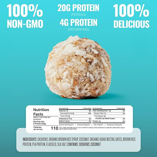 The GFB Coconut Cashew Protein Bites - Gluten Free, Plant Based, Non GMO, Sustainably Made – Ridiculously Tasty, Healthy, Vegan, Protein Energy Balls, 4 oz (6 Count)