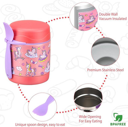 10oz Soup Thermo for Hot Food Kids,Lunch Thermo Kids Food Jar with Spoon Hot Insulated Food Containers,Leak Proof Stainless Steel Wide Mouth Lunch Food Thermo Jar for School(Pink-Unique Horse)
