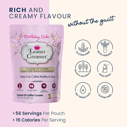 Leaner Creamer Coconut Creamer with Superfood Ingredients – Non-Dairy, Sugar-Free, Keto, Gluten-Free Powdered Coffee Creamer – Birthday Cake – 280g