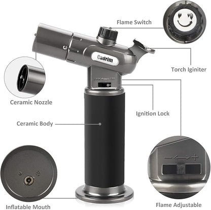 Cadrim Butane Torch, Refillable Pro Culinary Blow Torch Double Fire Cooking Torch and Small Adjustable Flame Kitchen Torch for Creme Brulee, Baking BBQ (Black)