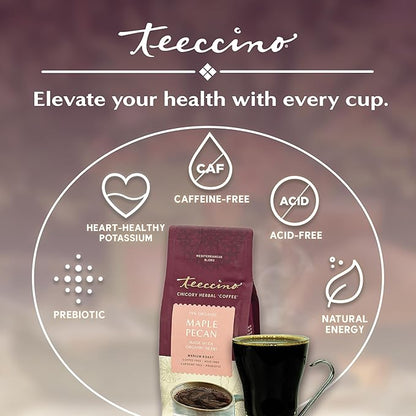Teeccino Maple Pecan Chicory Coffee Alternative - Ground Herbal Coffee That’s Prebiotic, Caffeine Free & Acid Free, Medium Roast, 11 Ounce