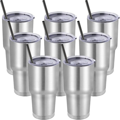 DOMICARE 30oz Tumbler Bulk with Lid and Straw, Double Wall Travel Coffee Mug, Insulated Vacuum Stainless Steel Tumblers, Powder Coated Tumbler Cup (Stainless Steel, 8)