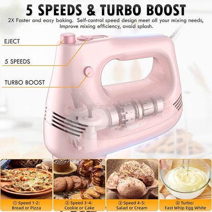 Electric Hand Mixer with Stainless Steel Whisk, Dough Hook Attachment and Storage Bag, Handheld Mixer for Baking Cakes, Eggs, Cream Food Mixers. Turbo Boost /5 Speed Kitchen Blender PINK