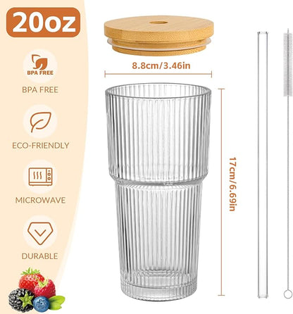 20oz Glass Cups with Lids and Straws,4PCS Ribbed Glass Coffee Cups,Iced Coffee Cups with Lid,Vintage Bamboo Tumbler for Juice,Smoothies