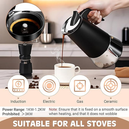 Moka Pot, 9 Cups (15.9 oz) Stovetop Espresso Maker, 304 Stainless Steel Moka Pot, Induction Compatible, Black