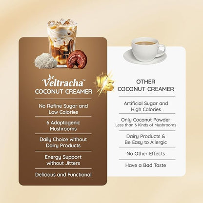 Veltracha Mushroom Coffee Creamer, Superfood Coconut Creamer Powder with 6 Adaptogenic Mushrooms - Reishi, Turkey Tail, Lions Mane, Non-Dairy Coconut Powdered Creamer for Energy & Focus & Digestion, 30 Servings, Mocha