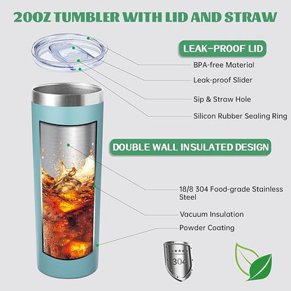 20 oz Skinny Tumblers with Lid and Straw,Stainless Steel Vacuum Insulated Tumbler Cup Double Wall Travel Coffee Mug, Thermal Water Tumbler for Hot and Cold Drinks(Glacier blue,4)