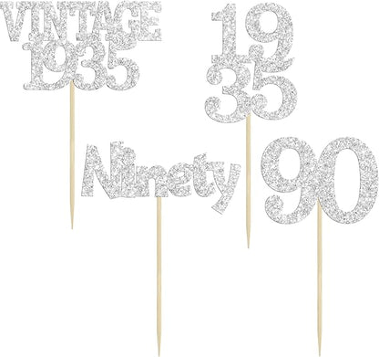 Gyufise 24Pcs 90th Birthday Cupcake Toppers Glitter Cheers to 90 Fabulous Ninety Vintage 1935 Cupcake Picks 90th Birthday Wedding Anniversary Party Cake Decorations Supplies Silver