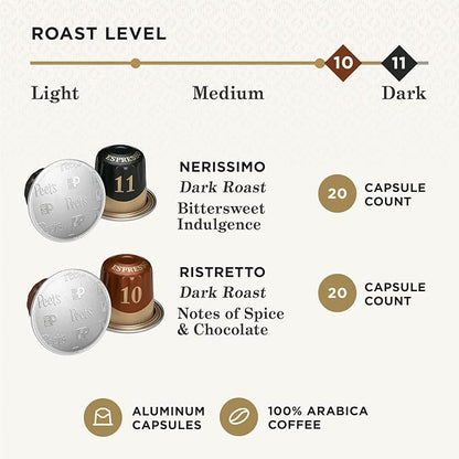Peet's Coffee, Dark Roast Espresso Capsules Variety Pack, Compatible with Nespresso Original Machine - Intensity 10-11, 40 Count (4 Boxes of 10 Espresso Capsules)