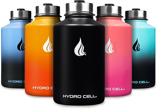 HYDRO CELL Stainless Steel Insulated Water Bottle with Straw - For Cold & Hot Drinks - Metal Vacuum Flask with Screw Cap and Modern Leakproof Sport Thermos for Adults (Black 64oz)