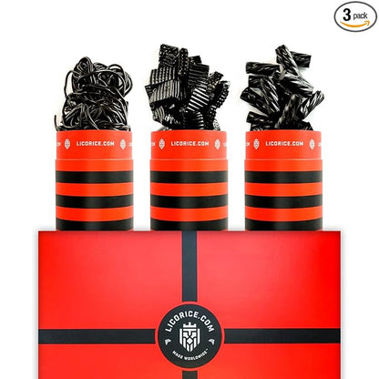 Licorice.com | Candy Gift Box | Soft & Chewy Black Licorice Trio | Australian Sweet & Rich Black Authentic Licorice Spirals & Pillows | Great Gift Idea for Holidays and Birthdays | Pack of 3