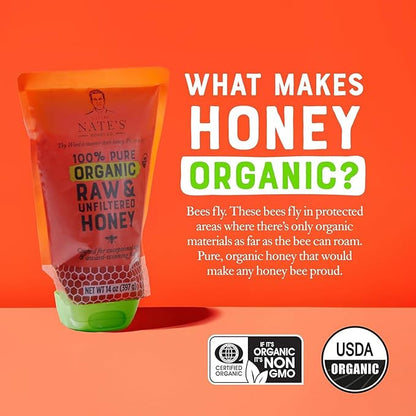 Nature Nate's 100% Pure USDA Organic Raw & Unfiltered Honey, Two 14 oz. No-Drip Sustainable Squeeze Pouches; Purity Guarantee, No Additives