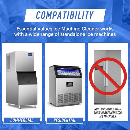 Essential Values Ice Machine Cleaner and Descaler 16 fl oz - Nickel Safe Countertop Ice Maker Cleaner - Compatible with Major Brands (Scotsman, KitchenAid, Affresh, etc.) - 6 pack