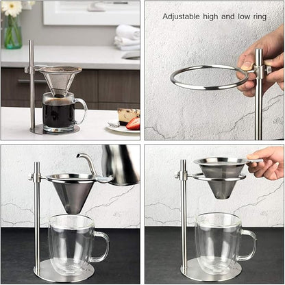 Stainless Steel Adjustable Pour Over Coffee Maker, Adjustable Stand, Double Layer Filter, Freestanding Drip Cone Brewer and Stand, Make Coffee Directly into Mug, Cup or