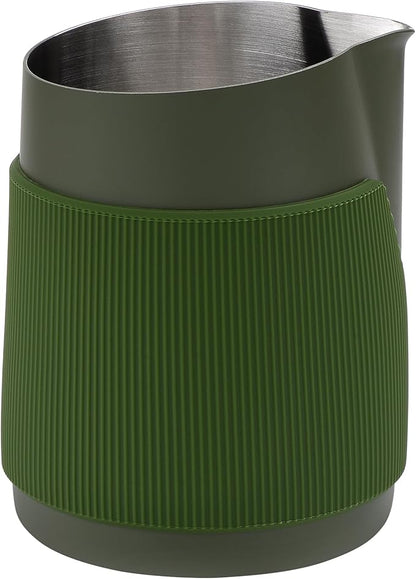 Normcore Handleless Milk Frothing Jug, Milk Pitcher 20.3 oz, Stainless Steel Latte Art Pitcher with Sharp Spout, Heat-Resistant Grip, Green, 600 ml