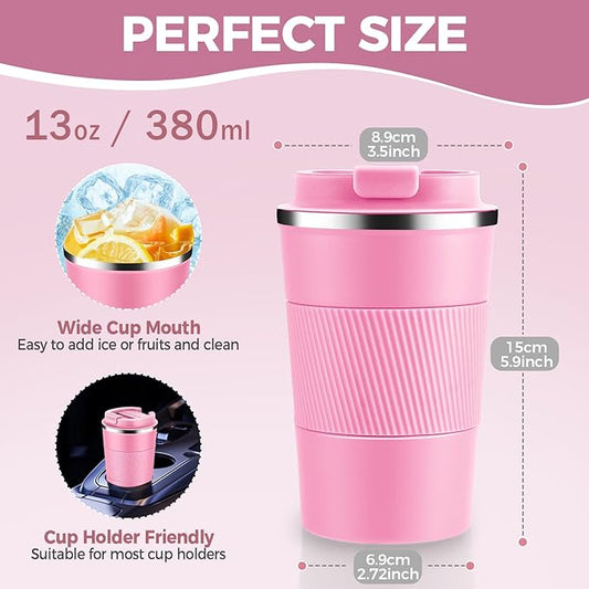 Volhoply 13 oz Stainless Steel Insulated Travel Coffee Mug with Fip Lid Bulk 2 Pack,Reusable Double Wall Vacuum Metal Coffee Cup,Portable Leak Proof Thermal Tumbler for Hot & Cold Drinks(Mix,2)