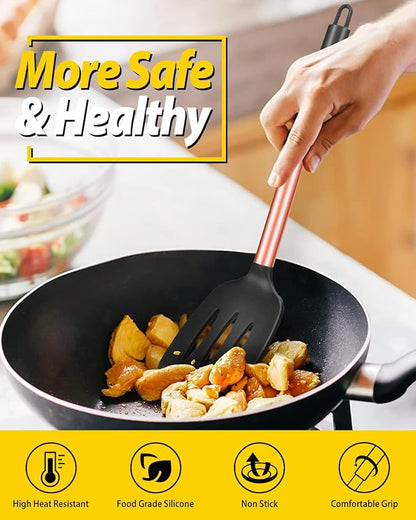 Pack of 2 Silicone Solid Turner, Non Stick Slotted Kitchen Spatulas, High Heat Resistant BPA Free Cooking Utensils, Ideal Cookware for Fish, Eggs, Pancakes(Rose Gold Black)