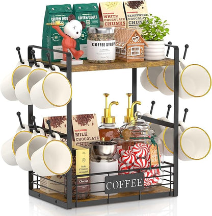 EsLuker.ly Coffee Mug Cup Holder Tree Bar Station Organizer for Countertop, Multi-Functional 2 Tier Mug Stand Rack for Kitchen, Storage Shelf with 12 Hooks, Vintage Brown-Black(Patented Design)