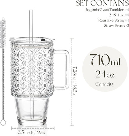 KEMORELA 4-Pack 24 Oz Glass Tumblers with Straws and Lids, Iced Coffee Cups with Begonia Floral Pattern, Smoothie Cups with Handles, Reusable Cold Drinkware, Glass Tumblers for Beverages