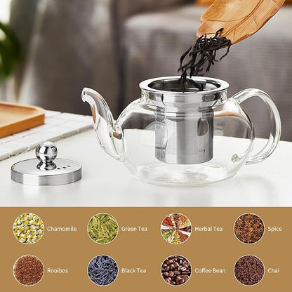Glass Teapot Stovpetop Safe,20 oz/ 600 ml Stove Top & Microwave Safe Small Borosilicate Glass Kettle with Loose Leaf Tea Strainer For Flower Blooming Tea, Clear