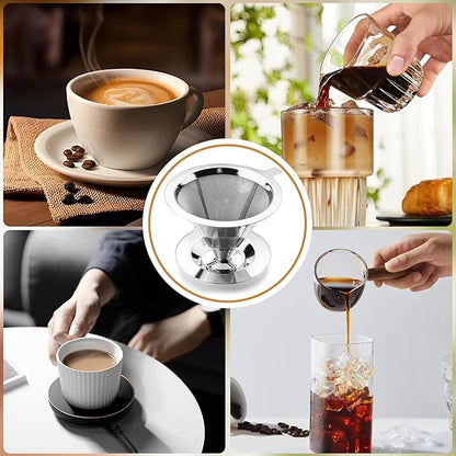Pour Over Coffee Dripper Stainless Steel Coffee Filter Cone Coffee Filters Double Mesh Design Reusable