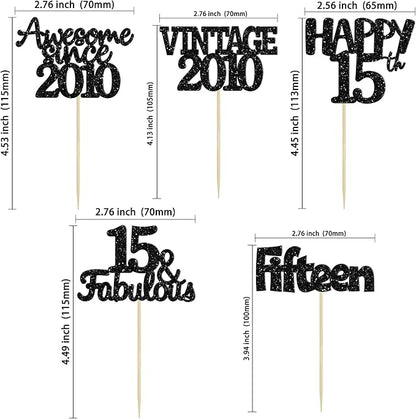 Gyufise 30Pcs Vintage 2010 Cupcake Toppers Glitter Sweet 15 Happy 15th Cupcake Picks Happy 15th Birthday Cake Decorations for Happy 15th Birthday Fabulous Anniversary Party Supplies Black