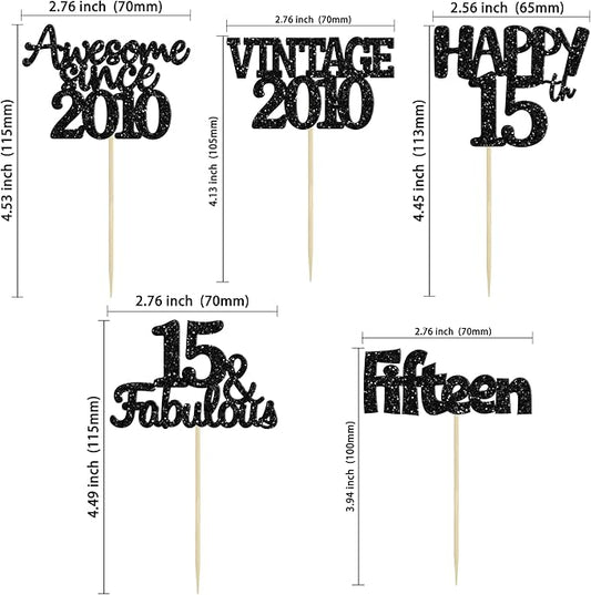 Gyufise 30Pcs Vintage 2010 Cupcake Toppers Glitter Sweet 15 Happy 15th Cupcake Picks Happy 15th Birthday Cake Decorations for Happy 15th Birthday Fabulous Anniversary Party Supplies Black